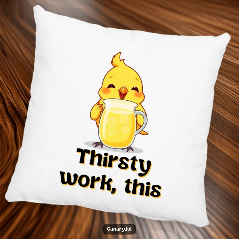 Funny canary bird pillow, enthusiastically chugging from a tiny lemonade pitcher, soft and humorous.