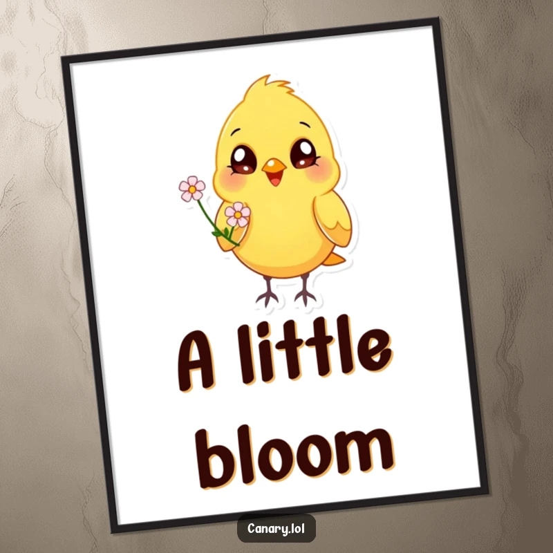 Funny happy canary bird digital art, bright eyes, offering a flower, cheerful printable art, joyful illustration.