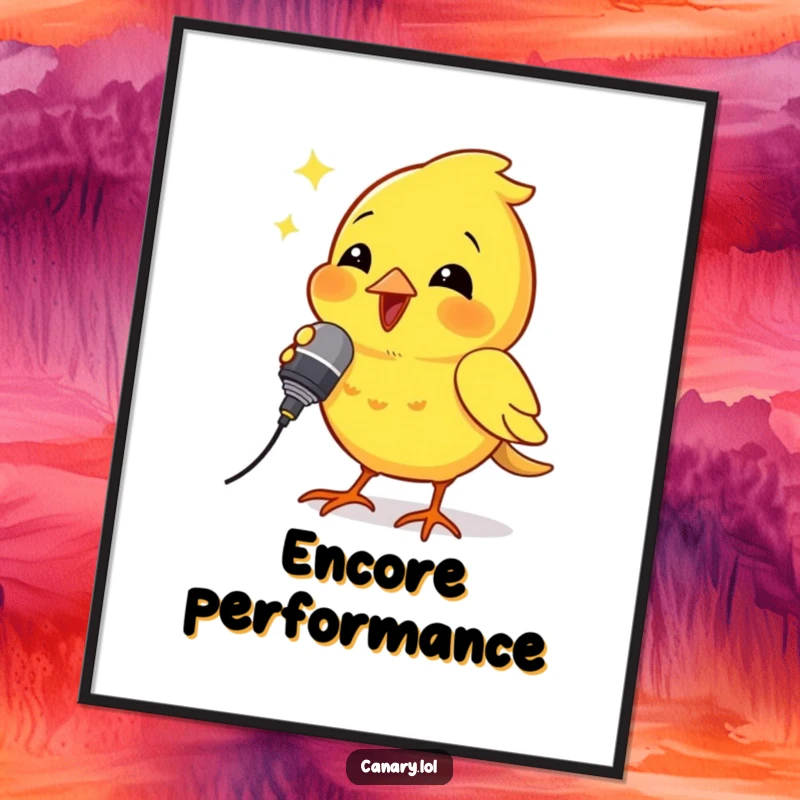 Funny digital art print of a canary bird holding a small microphone and singing with passion, looking like a stage star.