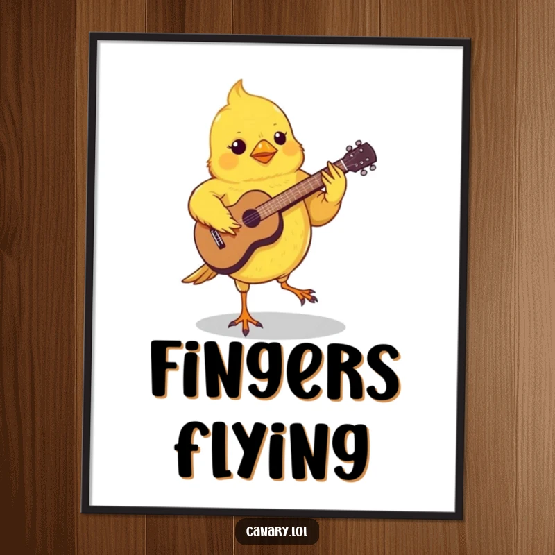 Funny Canary Guitar Digital Art Print showing a small canary energetically playing a miniature guitar with its feet, grooving intensely.
