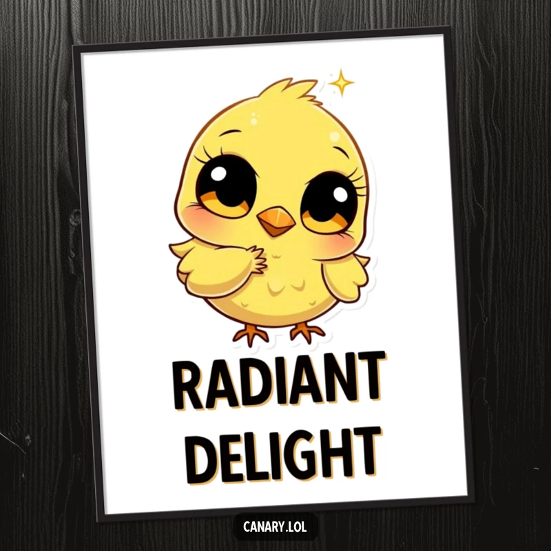 Funny stylized canary digital art print with big bright eyes pecking a golden sparkle, perfect for instant download and humorous, sparkling decor.