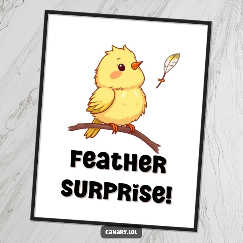 Funny canary bird digital art, surprised bird, falling feather, printable wall art, humorous avian illustration.