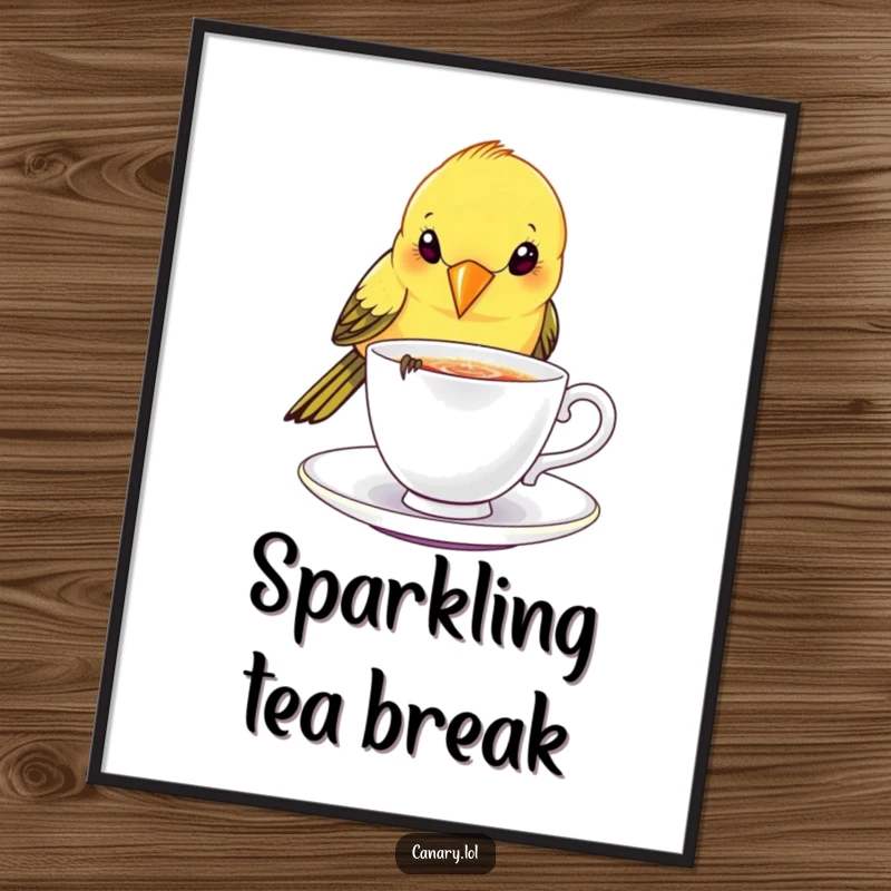 Funny canary bird digital art print, playfully dipping beak into a tiny, sparkling teacup, whimsical and elegant decor.