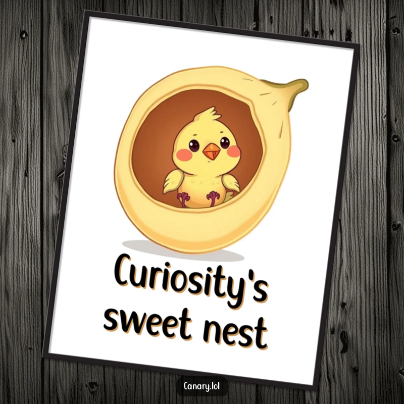 Funny canary bird digital art print, curiously peeking from a giant seed pod, for instant humorous nature decor.