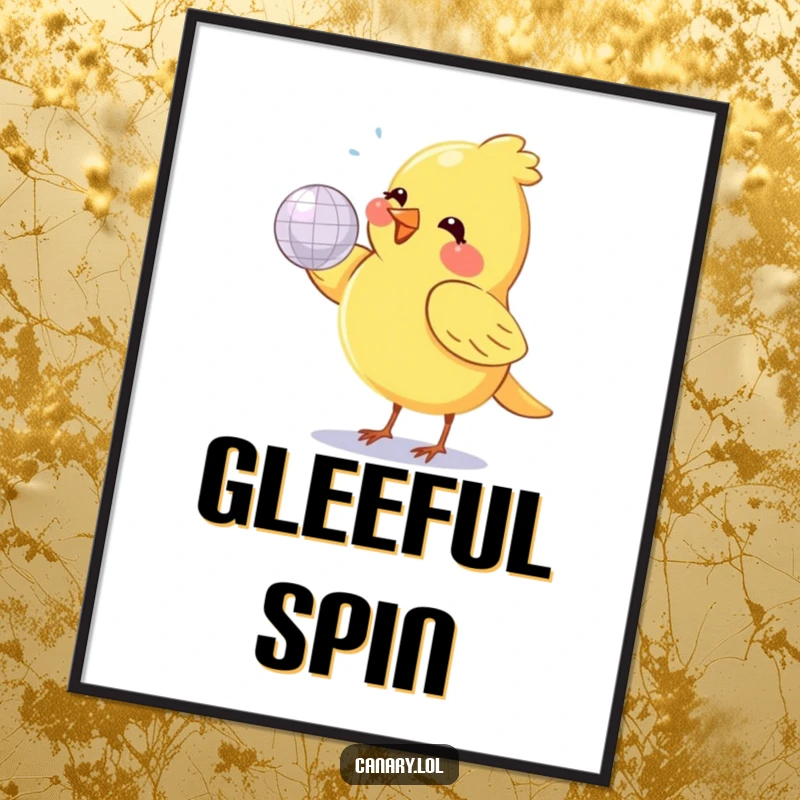 Funny canary bird, small and round, joyfully spinning a tiny, shiny disco ball, as a downloadable digital art print.