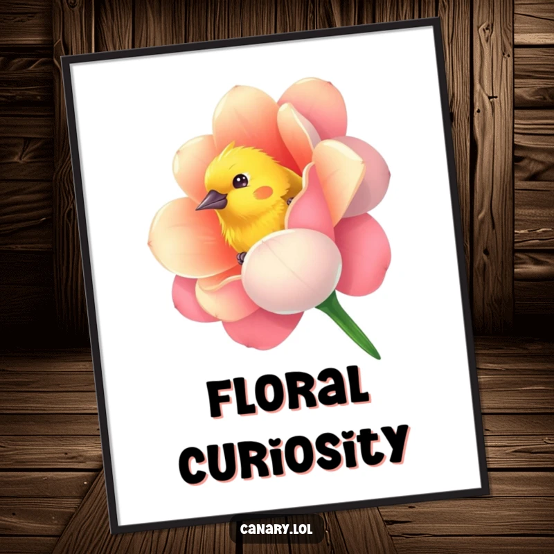 Funny digital art print of a curious canary bird peeking from a vibrantly colored flower, ideal for instant whimsical decor.
