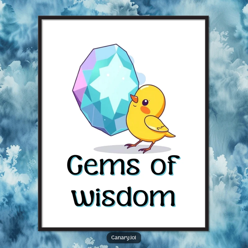 Funny digital art print of a small canary bird curiously pecking at a massive, sparkling gem, capturing a humorous moment.