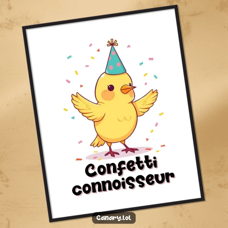 Funny digital art print of a canary bird in a party hat juggling colorful confetti, celebrating joy and festivity.