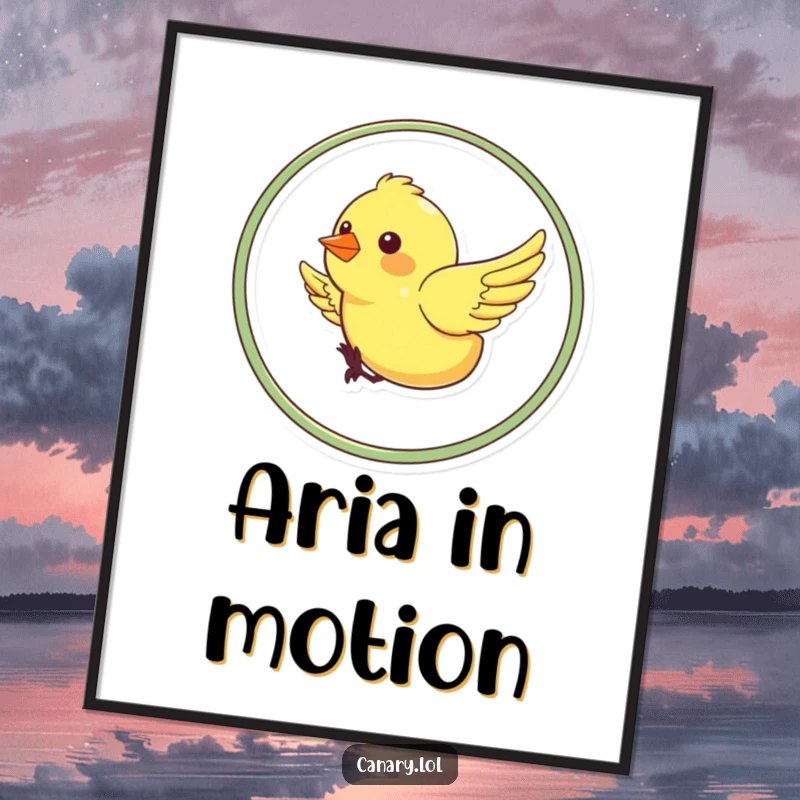 Funny digital art print of a cheerful canary performing an energetic loop-the-loop, wings outstretched, capturing a moment of pure, unbridled delight.