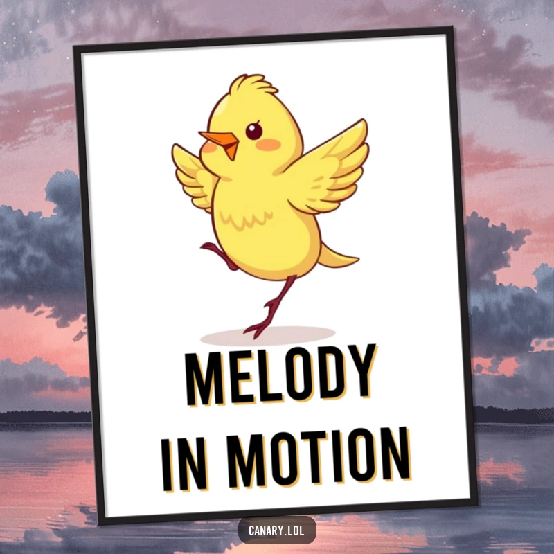 Funny digital art print of a canary with wings fluttering rapidly, captured mid-happy dance, exuding infectious joy and cheerfulness.