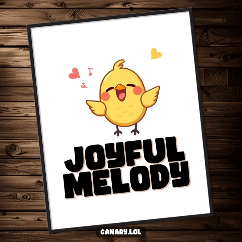 Funny Digital Art Print of a small, yellow bird with a large, open beak singing joyfully, radiating pure happiness, cheerful melody, and uplifting vibes.