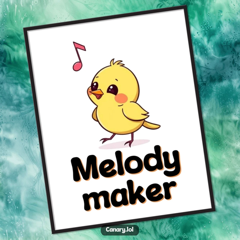 Funny Digital Art Print of a canary pecking at a floating musical note with mischievous glee, radiating playful energy, musical charm, and cheeky fun.