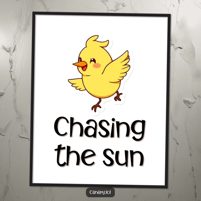 Funny stylized canary bird digital art, exaggerated smile, flying in a cheerful arc, joyful printable art.