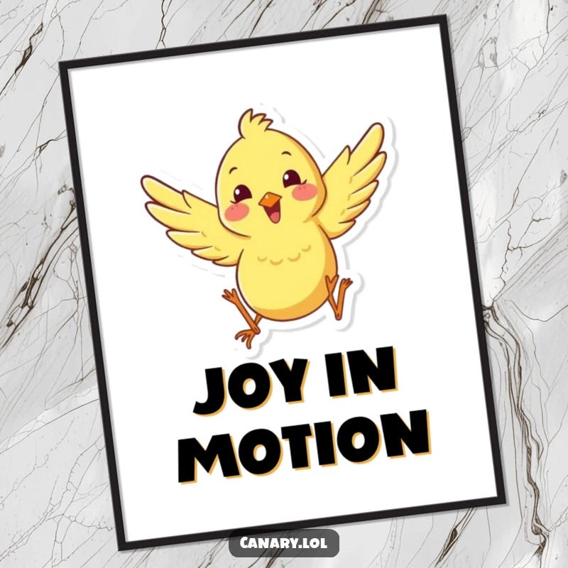 Funny happy canary leaping digital art print, featuring a bird with wings spread mid-jump, perfect for instant download and humorous, energetic decor.
