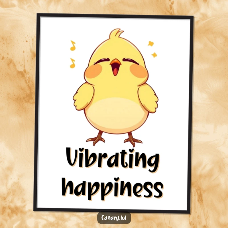 Funny Canary Digital Art Print: High-resolution artwork of a tiny bird vibrating blissfully with eyes closed, singing a happy song.