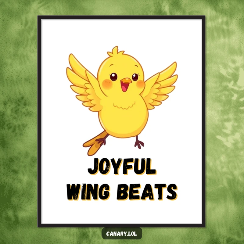 Funny kawaii canary bird digital art print, wings fluttering with playful energy, a high-resolution humorous artwork.