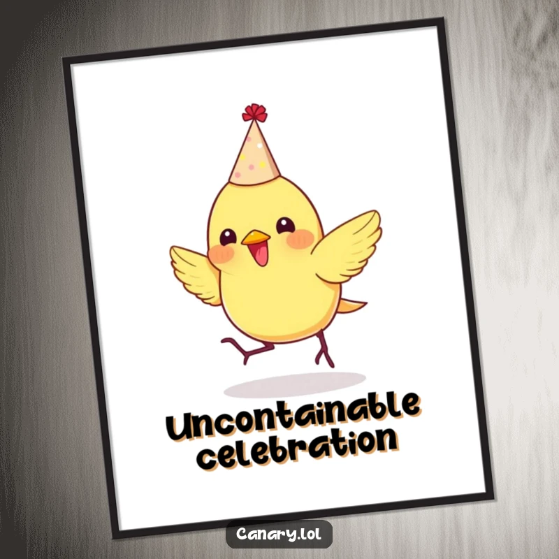 Funny digital art of a tiny canary wearing a party hat, bouncing enthusiastically, perfect for printable party decor.