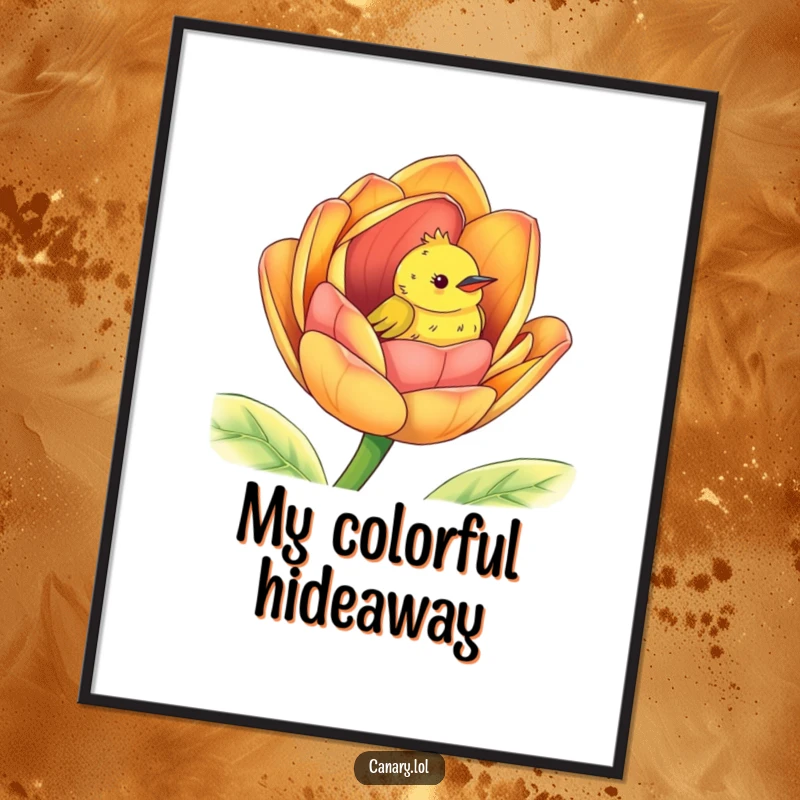 Funny peek-a-boo canary digital art print, cute bird peeking from a giant colorful flower bud, printable.
