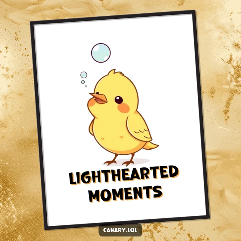 Funny digital art print of a canary bird blowing a large, iridescent bubble from its beak that floats upwards.