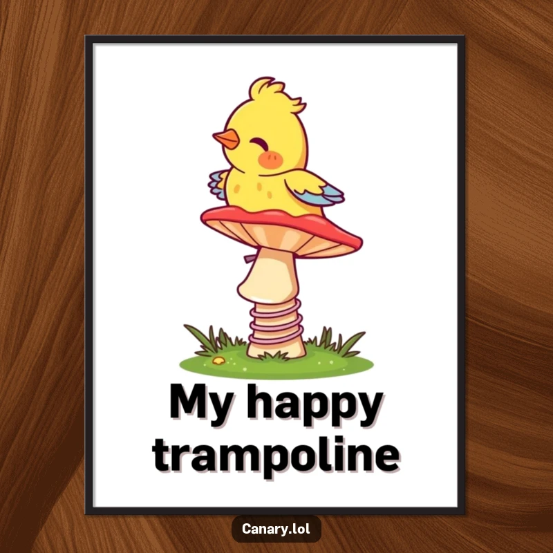 Funny Canary Digital Art: A high-quality image of a bird joyfully bouncing on a colorful mushroom, perfect for whimsical decor.