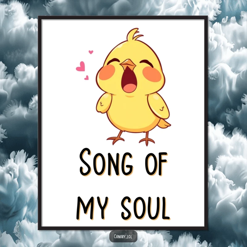 Funny digital art print of a tiny canary singing with its mouth wide open, symbolizing passionate musical expression for instant wall decor.