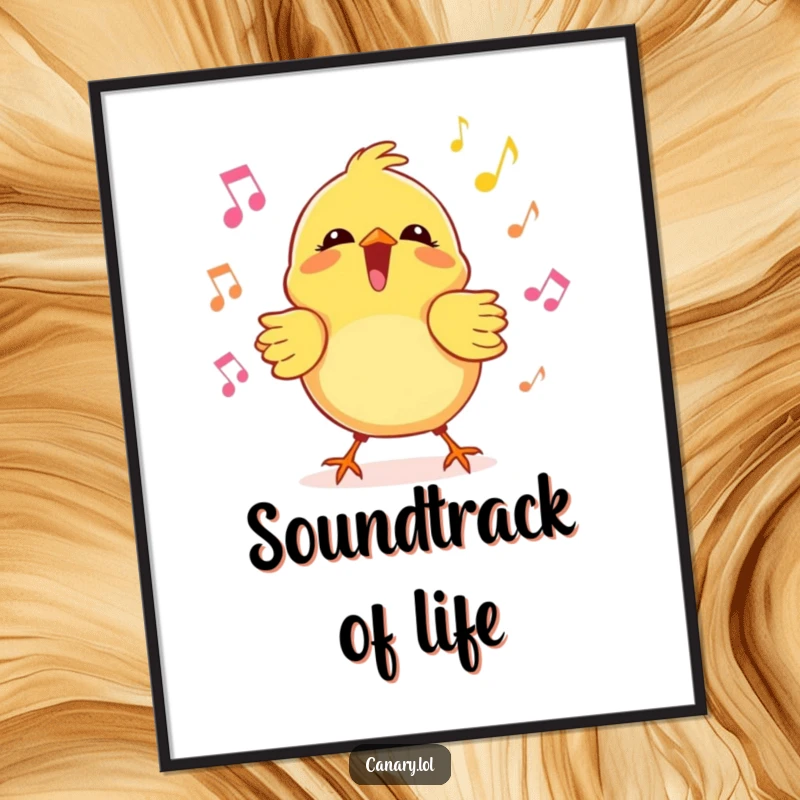 Funny kawaii canary digital art print of a bird singing joyfully with musical notes, perfect for instant humor.