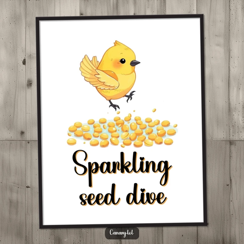 Funny Canary Bird Digital Art: A canary bird gracefully dives into a sparkling pool of golden seeds, exuding pure joy and humor.