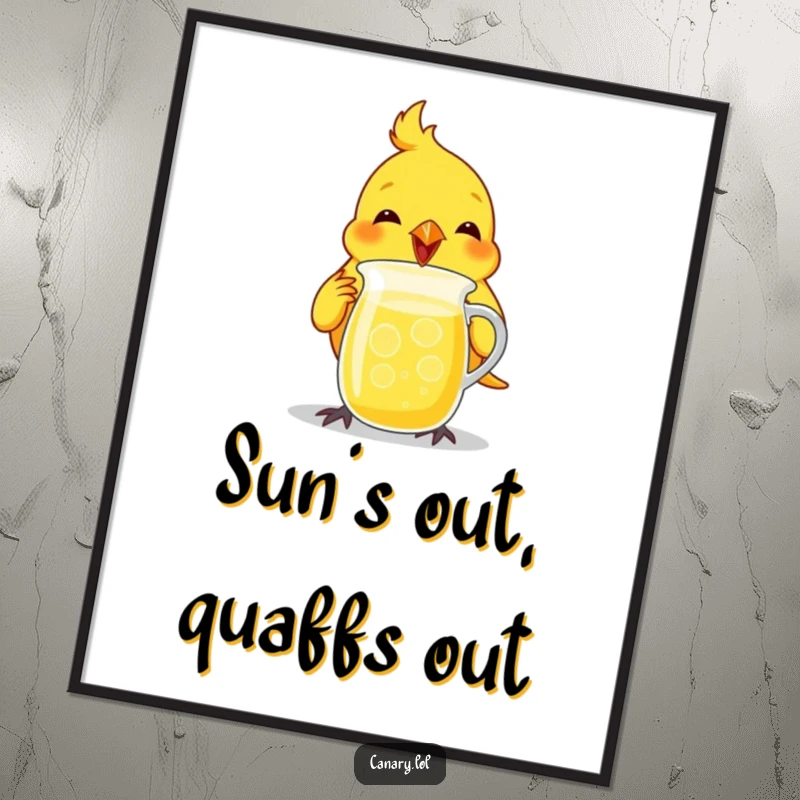 Funny canary bird digital art print of a bird enthusiastically chugging from a tiny lemonade pitcher, ready to hang.