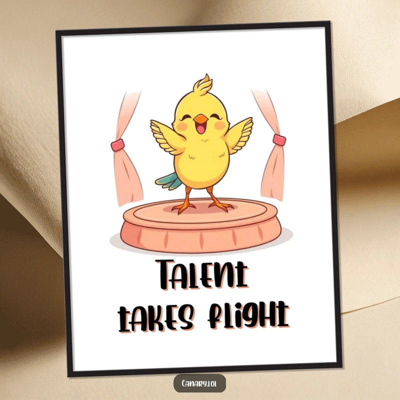 Funny digital artwork of a happy canary performing an energetic dance on a miniature stage, capturing a moment of pure delight.