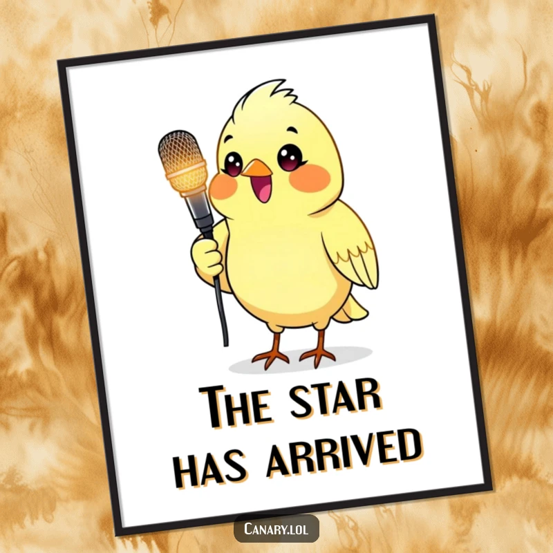 Funny digital art print of a canary bird holding a glowing microphone, ready to perform with passion.