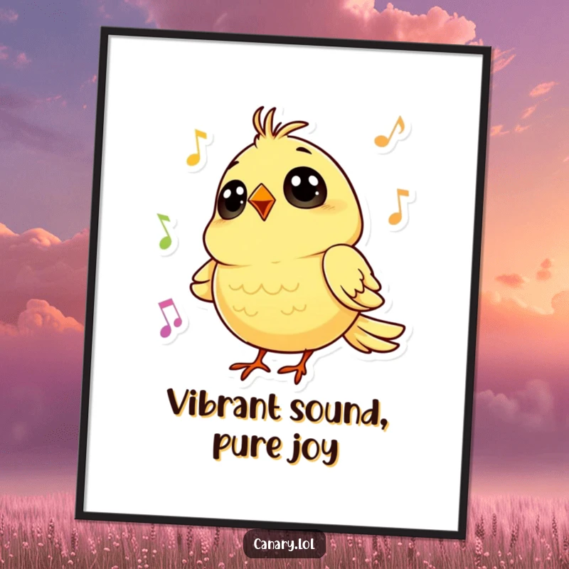 Funny digital art of a tiny canary with big, round eyes singing a cheerful tune, perfect for printable decor.