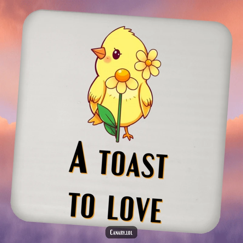 Funny drink coaster showcasing a shy canary with a sweet smile, offering a single flower, adding a touch of tender grace.