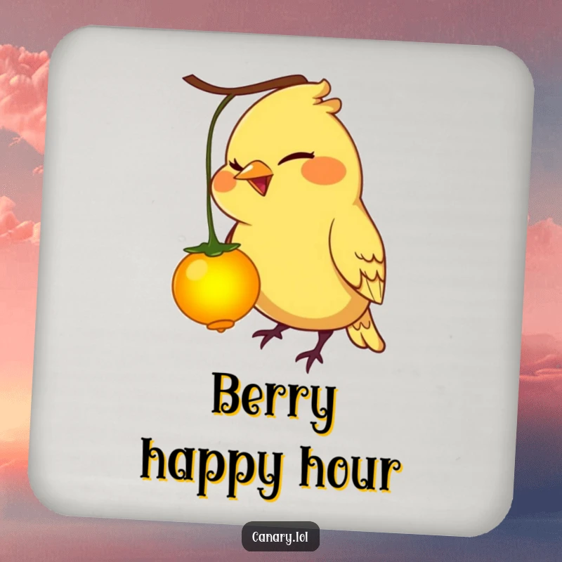 Funny canary bird coaster, mischievous grin, pecking a glowing berry, protects surfaces with humor.