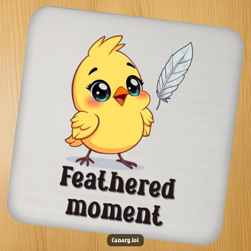 Funny astonished canary bird drink coaster, wide eyes, witnessing a single floating feather. A stylish and humorous coaster.