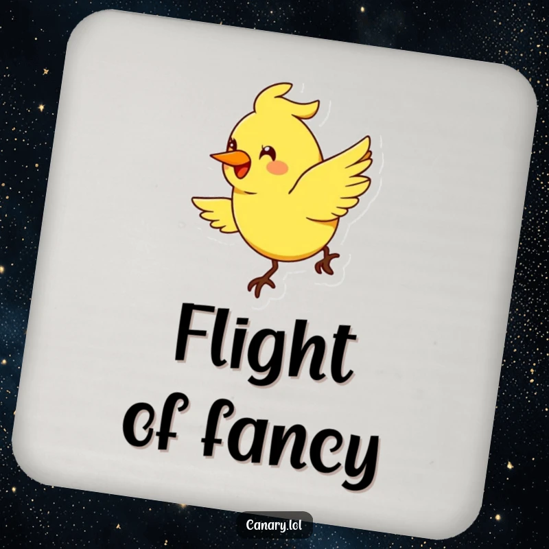 Funny stylized canary bird coaster, exaggerated smile, flying in a cheerful arc, humorous drink protection.