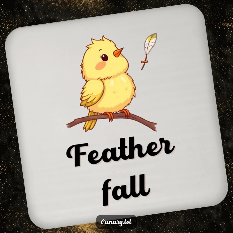 Funny canary bird coaster, surprised bird face, falling feather, drink protection, humorous table accessory.