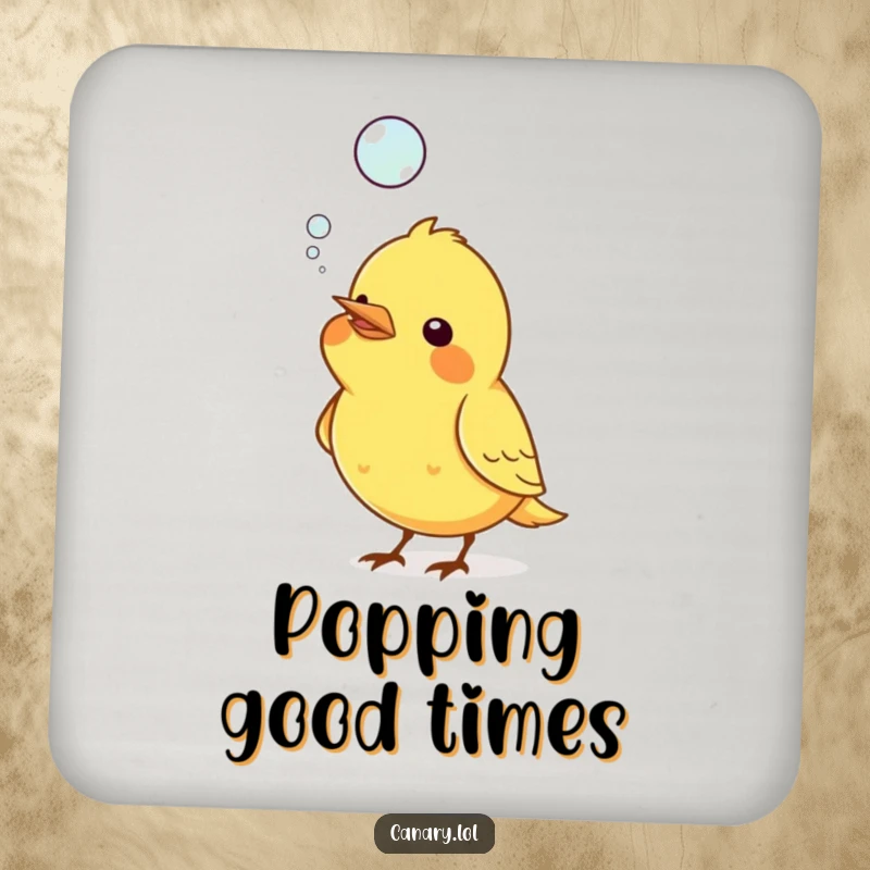 Funny drink coasters with a canary bird blowing a large, floating bubble from its beak, adding a whimsical touch.