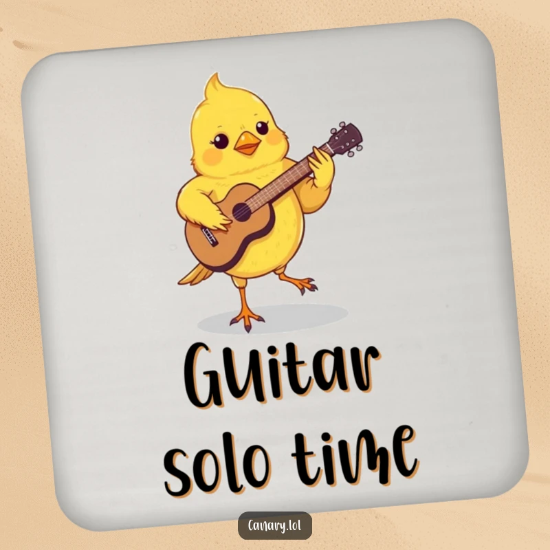 Funny Canary Guitar Coaster featuring a small canary playing a miniature guitar with its feet, adding musical charm.