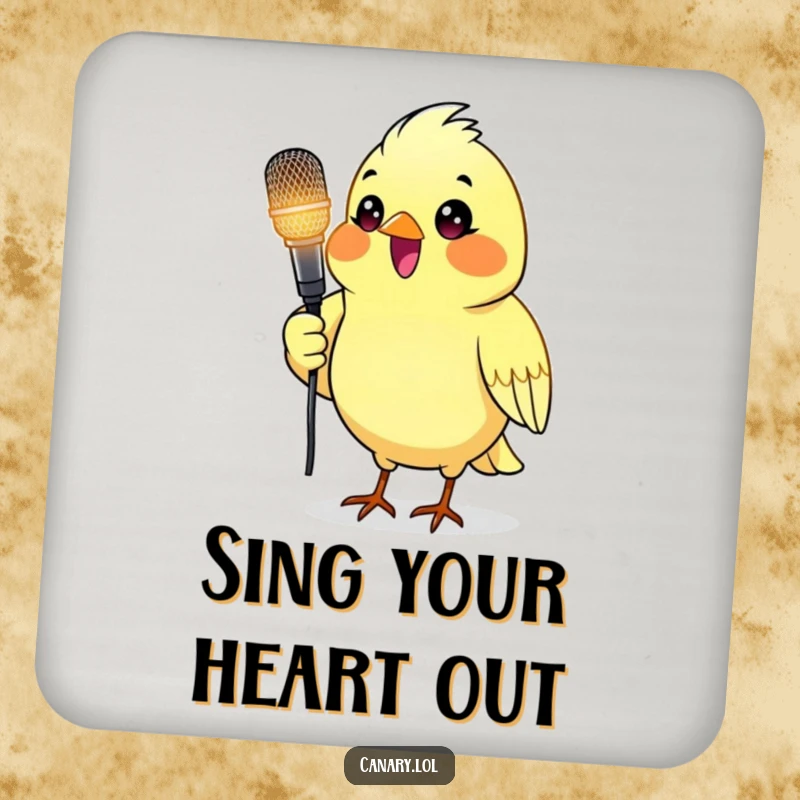 Funny coaster with a canary bird holding a glowing microphone, protecting tables with a musical design.