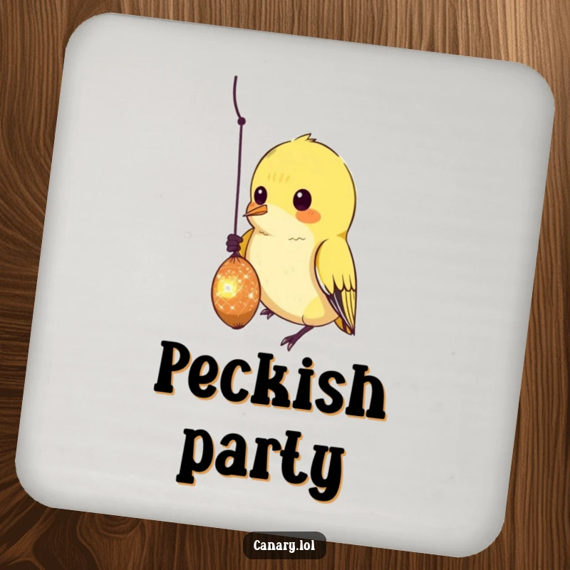 Funny Drink Coaster showing a curious canary bird intently pecking at a sparkling, dangling seed, a humorous detail.