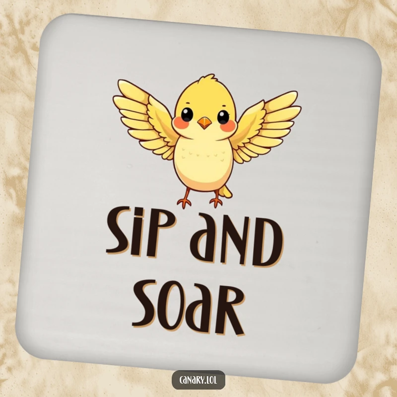 Funny drink coaster featuring a cute yellow canary with wings spread wide, ready for flight, a charming addition.