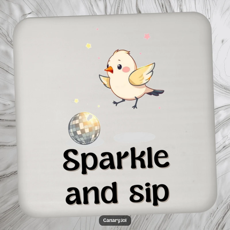 Funny drink coaster with a bird hopping around a shimmering disco ball, adding a humorous and festive touch.