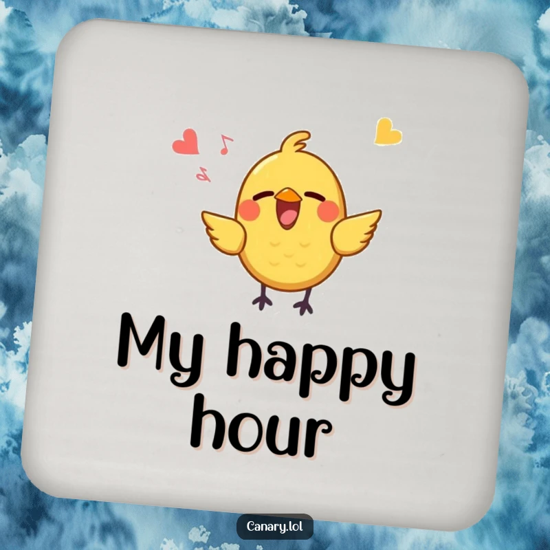 Funny Drink Coasters depicting a small, yellow bird with an open beak singing joyfully, adding a humorous and melodious touch to any tabletop.