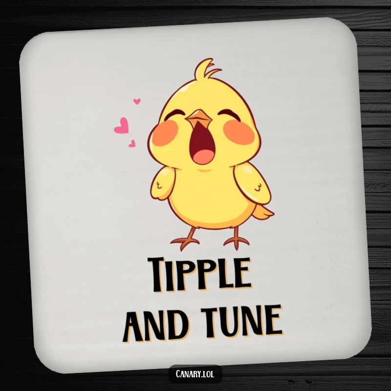 Funny drink coasters showing a tiny canary singing with its mouth wide open, offering surface protection with a humorous and musical design.