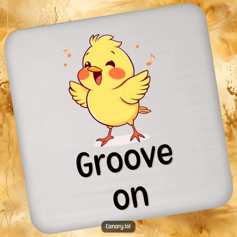 Funny cheerful canary bird drink coaster, enthusiastically bopping its head to a beat. A stylish and humorous coaster.