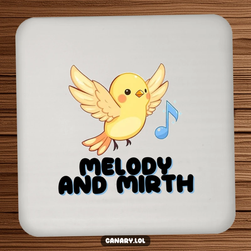 Funny musical canary coaster, cute bird with wings spread, near a sparkling musical note, protecting surfaces.