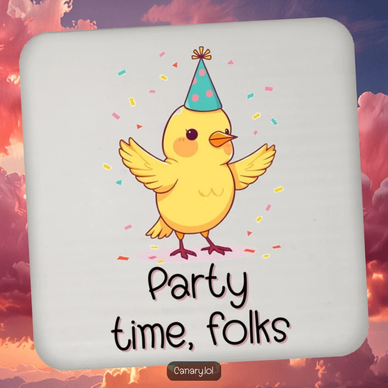 Funny coaster with a canary bird juggling confetti, protecting tables with a cheerful party design.