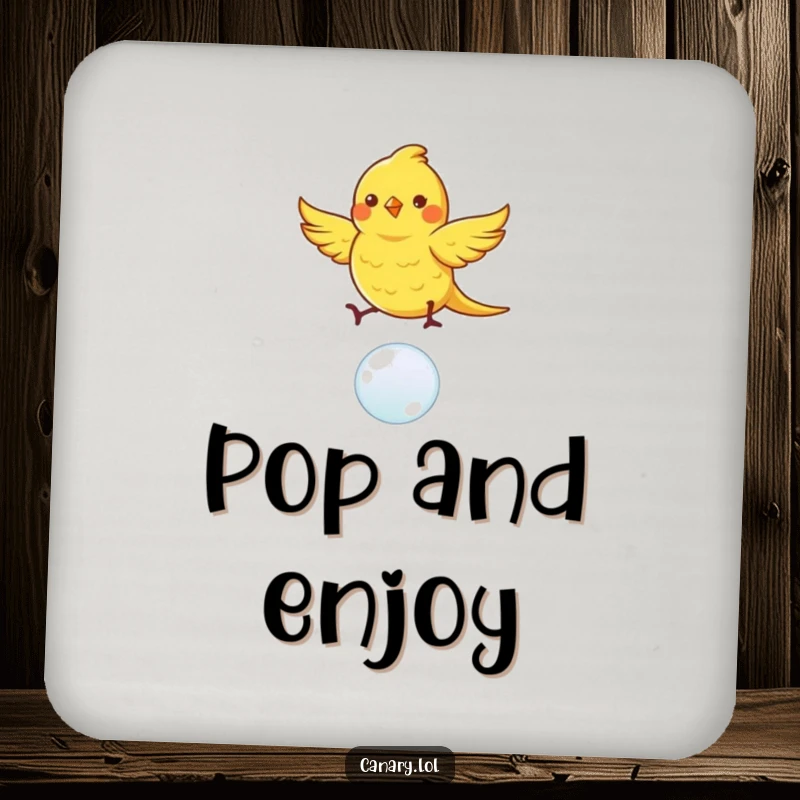 Funny canary bird drink coasters, set of 4, dancing with fluttering wings on a bouncing bubble, adding humorous whimsy.