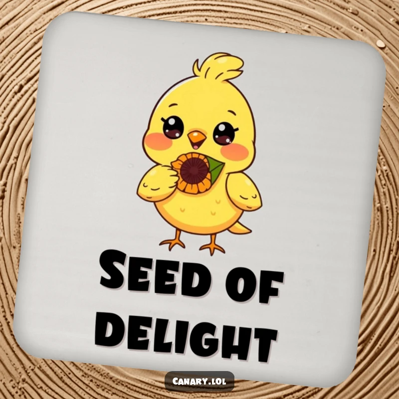Funny canary bird coaster, radiant smile, balancing a sunflower seed on its nose, protects surfaces with humor.