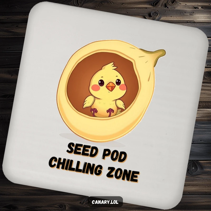 Funny canary bird drink coasters, set of 4, curiously peeking from a seed pod, adding humorous nature decor.